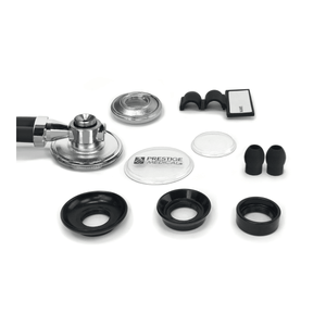 Collection of stethoscope components on a white background with 'Prestige Acoustics' branding. - okotoks hc pharmacy