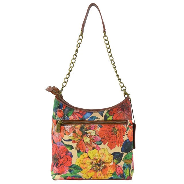 Floral patterned handbag with a chain shoulder strap on a white background - okotoks hc pharmacy