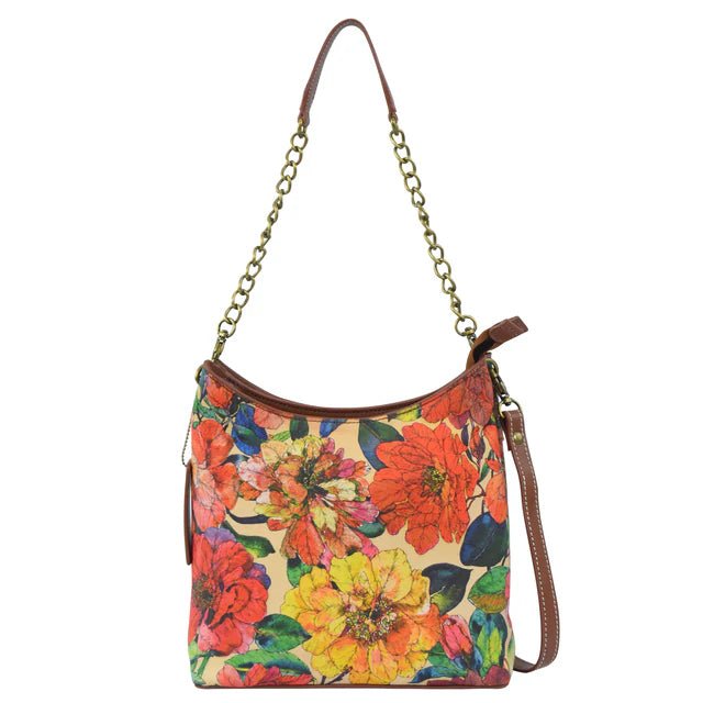 Floral patterned handbag with a chain strap on a white background - okotoks hc pharmacy