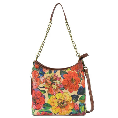 Floral patterned handbag with a chain strap on a white background - okotoks hc pharmacy