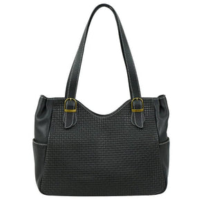 Black textured handbag with gold buckles on a white background - okotoks hc pharmacy