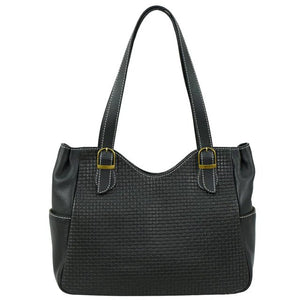 Black textured handbag with gold buckles on a white background - okotoks hc pharmacy