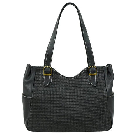 Black textured handbag with gold buckles on a white background - okotoks hc pharmacy