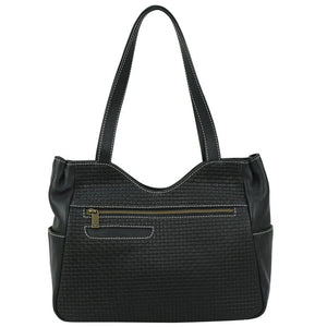 Black textured handbag with a gold zipper on a white background - okotoks hc pharmacy