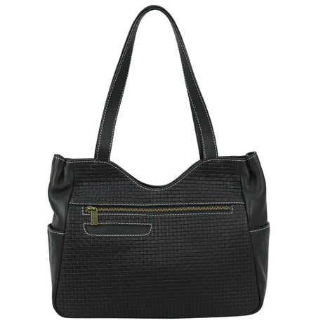 Black textured handbag with a gold zipper on a white background - okotoks hc pharmacy