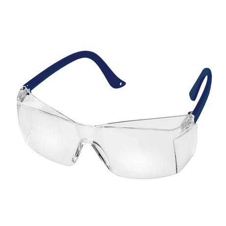 Clear safety glasses with blue frames on a white background - okotoks hc pharmacy