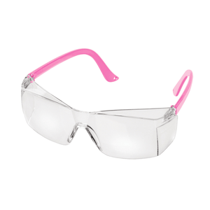 Clear safety glasses with pink frames on a white background - okotoks hc pharmacy