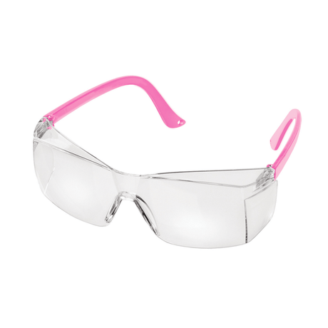 Clear safety glasses with pink frames on a white background - okotoks hc pharmacy