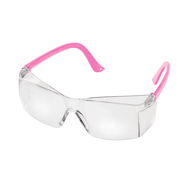 Clear safety glasses with pink frames on a white background - okotoks hc pharmacy