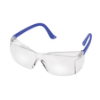 Clear safety glasses with blue frames on a white background - okotoks hc pharmacy