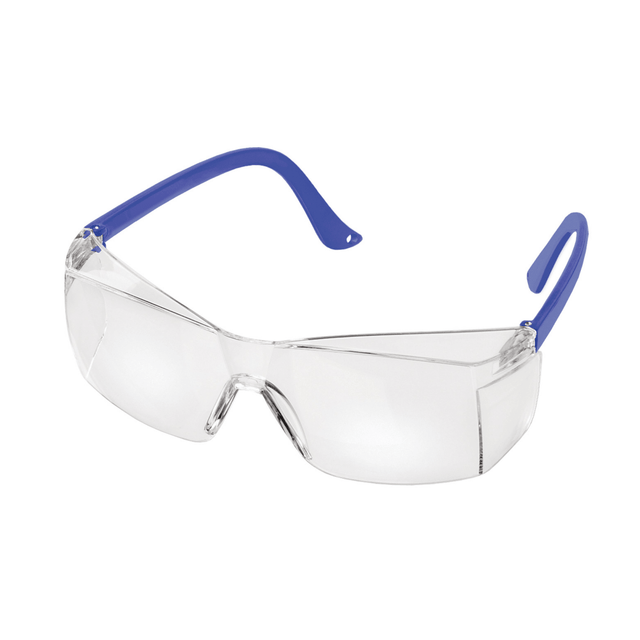 Clear safety glasses with blue frames on a white background - okotoks hc pharmacy