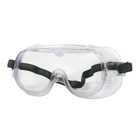 Clear safety goggles with black straps on a white background - okotoks hc pharmacy