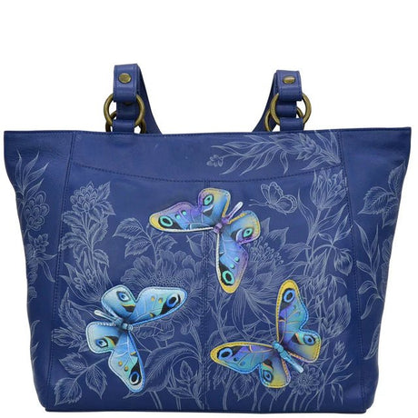 Blue tote bag with butterfly design on a white background - okotoks hc pharmacy