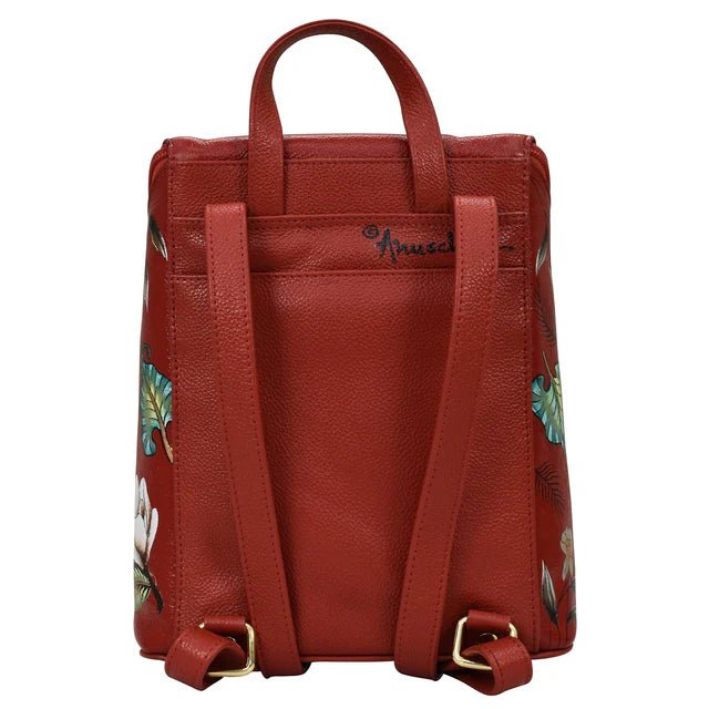 Red backpack with floral patterns on a white background - okotoks hc pharmacy