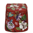 Red Anuschka leather bucket backpack with hand-painted Crimson Garden floral artwork  - okotoks hc pharmacy