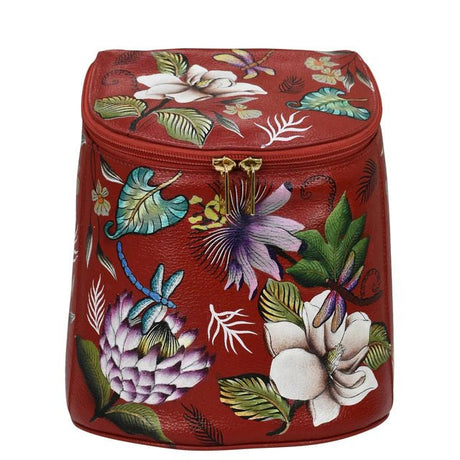 Red Anuschka leather bucket backpack with hand-painted Crimson Garden floral artwork  - okotoks hc pharmacy