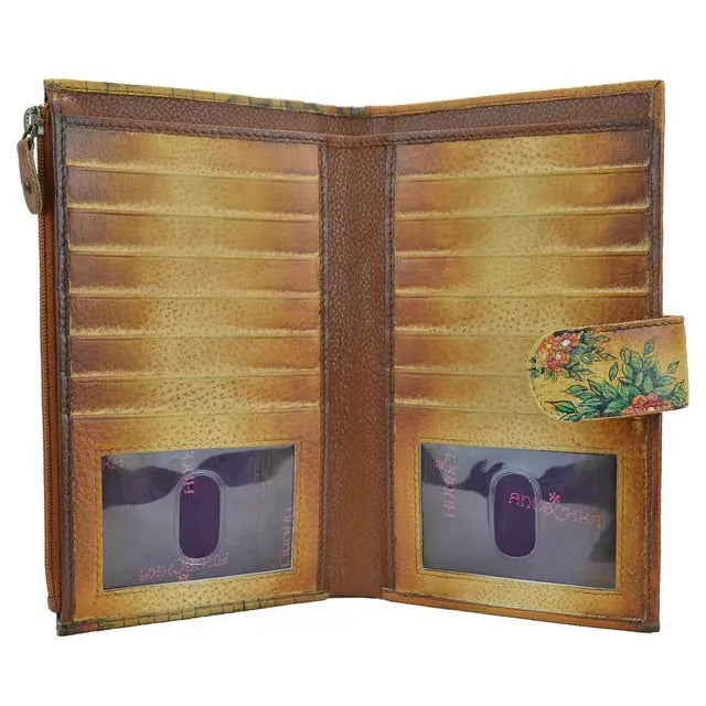 Brown leather wallet with floral detail on a white background - okotoks hc pharmacy