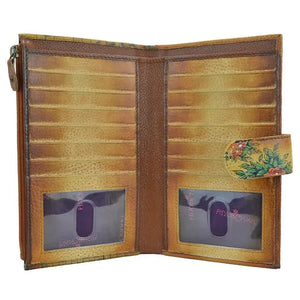 Brown leather wallet with floral detail on a white background - okotoks hc pharmacy