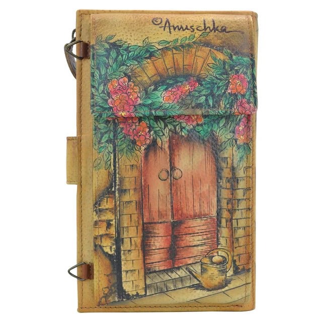 Hand-painted wallet with a wooden door and floral design on a white background - okotoks hc pharmacy