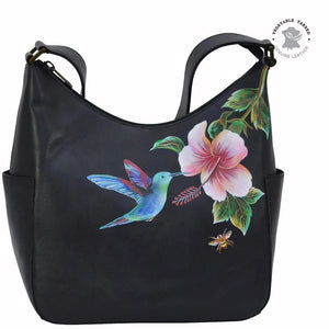 Anuschka Leather Classic Hobo With Side Pockets Hummingbird 382-HGB-BLK okotoks hc pharmacy