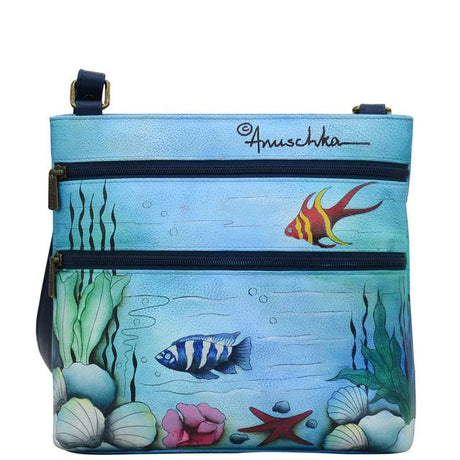 Hand-painted bag with underwater scene design featuring fish and sea creatures, branded 'Anuschka'. - okotoks hc pharmacy