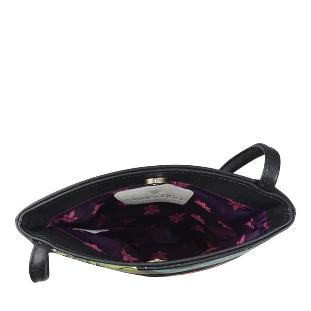 Black handbag with purple floral interior lining on a white background - okotoks hc pharmacy