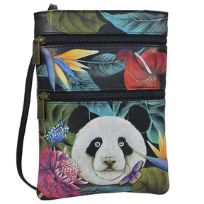 Crossbody bag with panda design and colorful leaves on a white background - okotoks hc pharmacy
