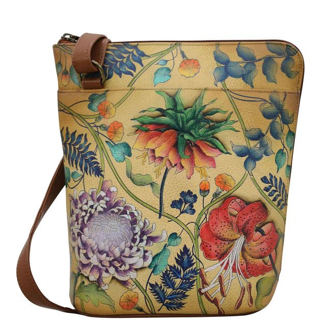 Floral-patterned bag with a brown strap on a white background - okotoks hc pharmacy