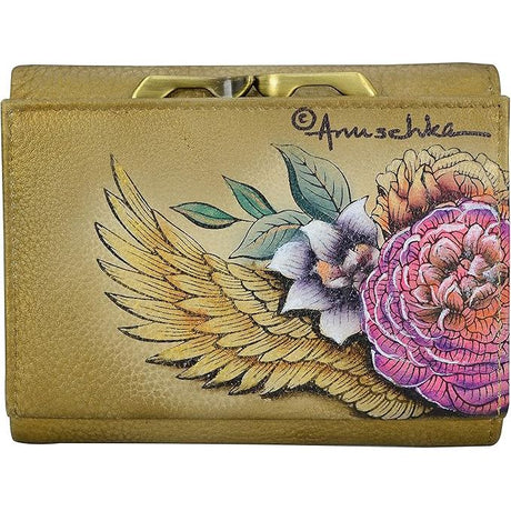 Beige wallet with floral and wing design, featuring the brand 'Anuschka'. - okotoks hc pharmacy