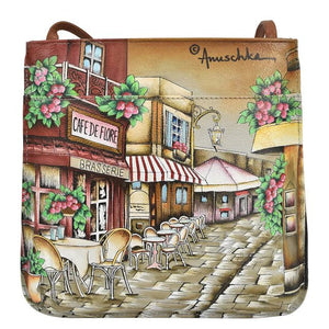 Hand-painted bag with a street scene of a cafe and brasserie. - okotoks hc pharmacy