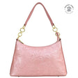 Pink handbag with floral embossing on a white background - okotoks hc pharmacy