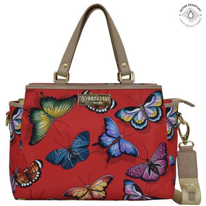Anuschka multi compartment satchel nylon red butterfly - Okotoks HC Pharmacy