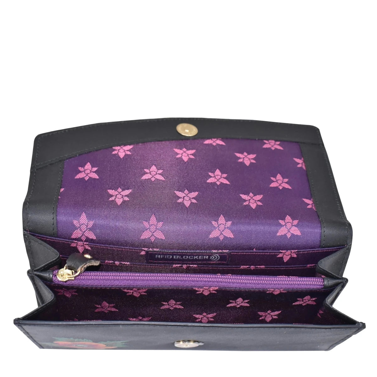 Purple clutch bag with pink floral pattern on a white background - okotoks hc pharmacy