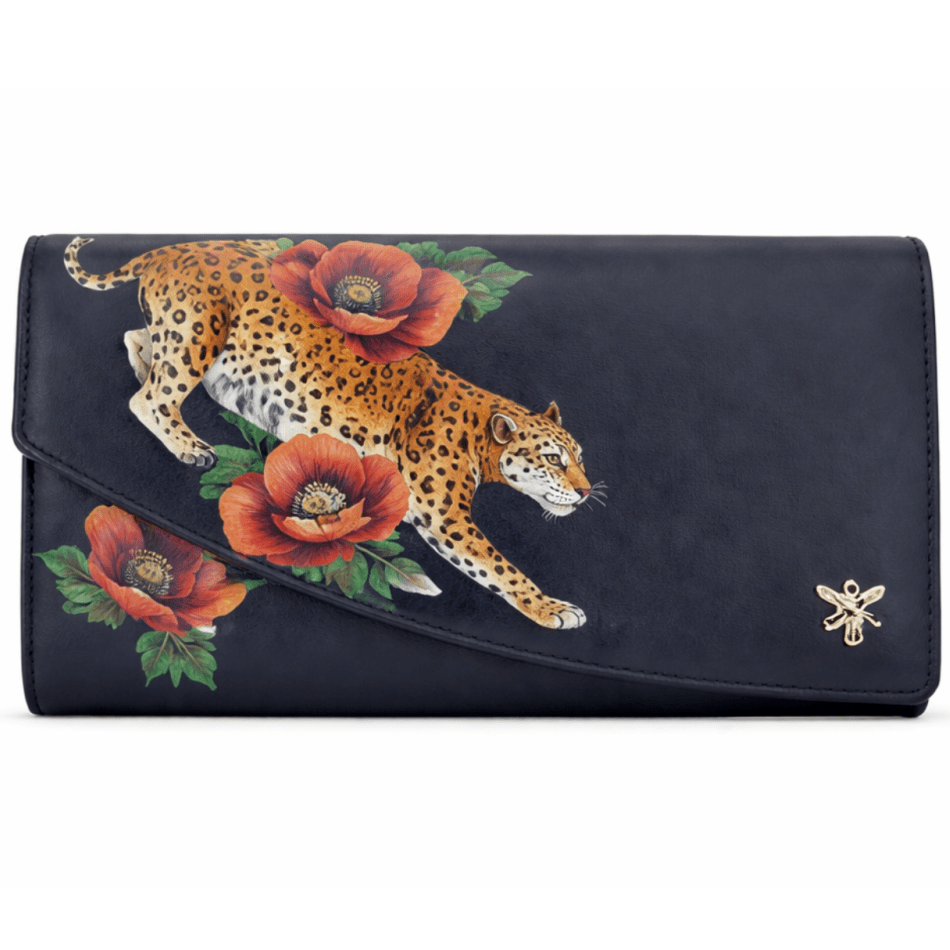 clutch bag with a leopard and floral design on a white background