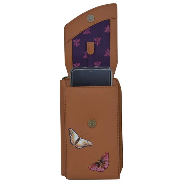 Anuschka printed leather cell phone wallet crossbody butterflies honey - Okotoks HC Pharmacy