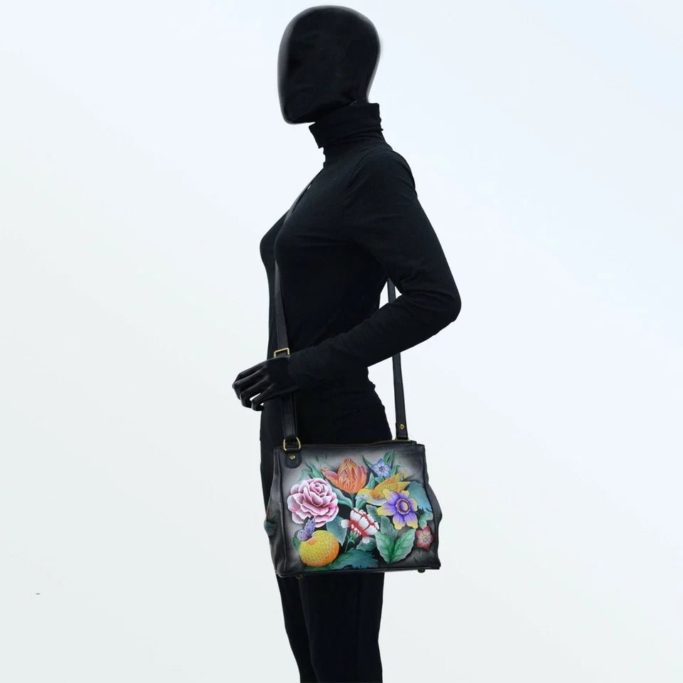 Anuschka printed leather handbag black floral - Okotoks HC Pharmacy