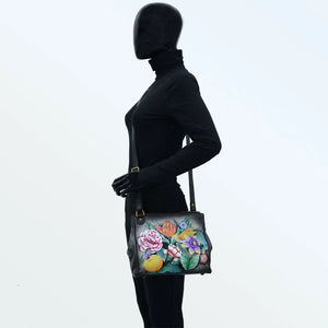 Anuschka printed leather handbag black floral - Okotoks HC Pharmacy