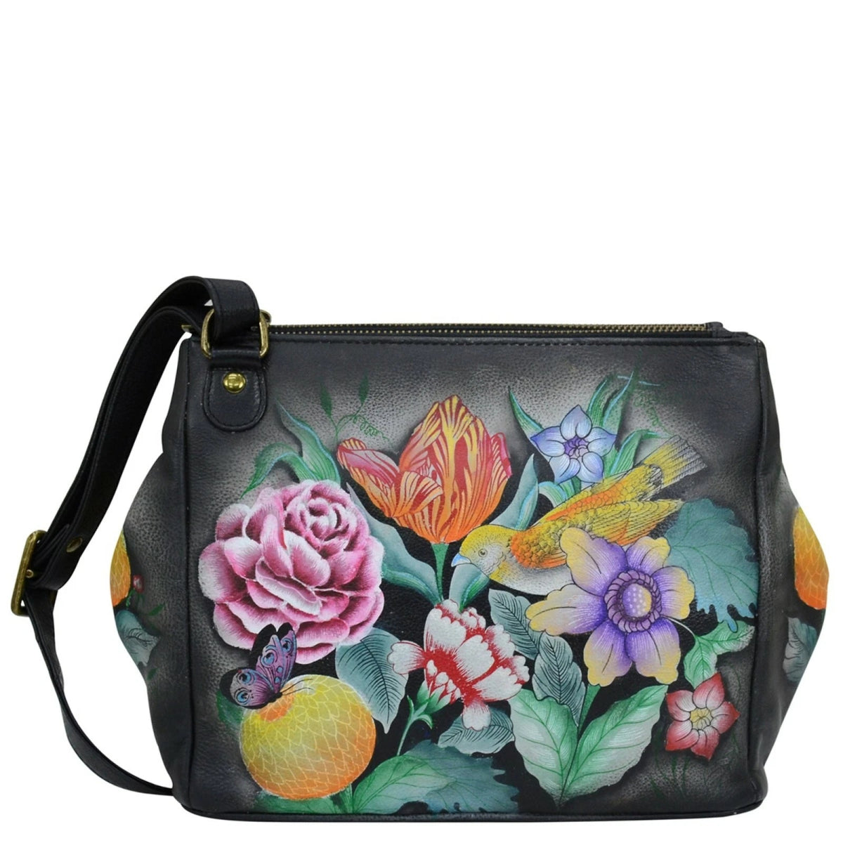 Anuschka printed leather handbag black floral - Okotoks HC Pharmacy