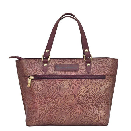 Brown floral embossed handbag with gold accents on a white background - okotoks hc pharmacy
