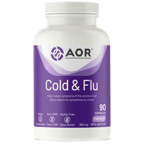 Supplement bottle labeled 'Cold & Flu' by AOR on a white background - okotoks hc pharmacy