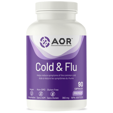 Supplement bottle labeled 'Cold & Flu' by AOR on a white background - okotoks hc pharmacy