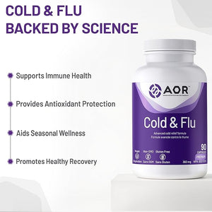 AOR Cold & Flu supplement bottle with benefits listed on a white background - okotoks hc pharmacy