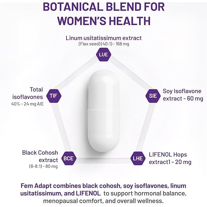 Fem Adapt supplement packaging with botanical blend for women's health on a white background - okotoks hc pharmacy