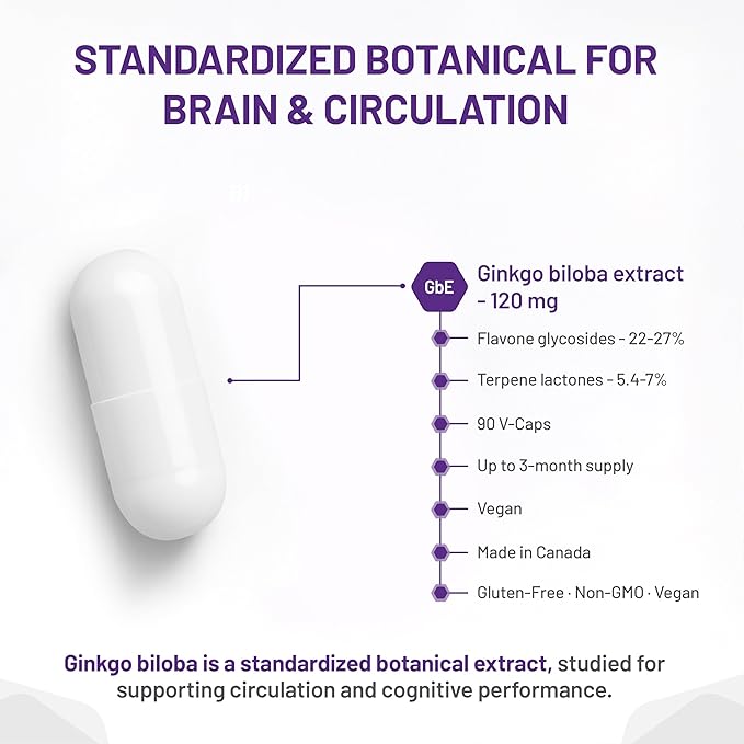 Ginkgo biloba extract capsule with detailed information on a white background - okotoks hc pharmacy