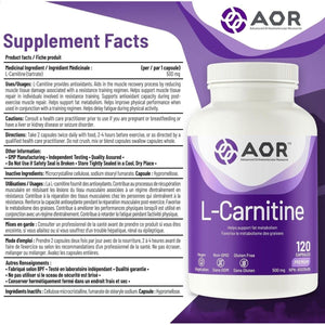 AOR L-Carnitine supplement bottle with label on a purple background - okotoks hc pharmacy