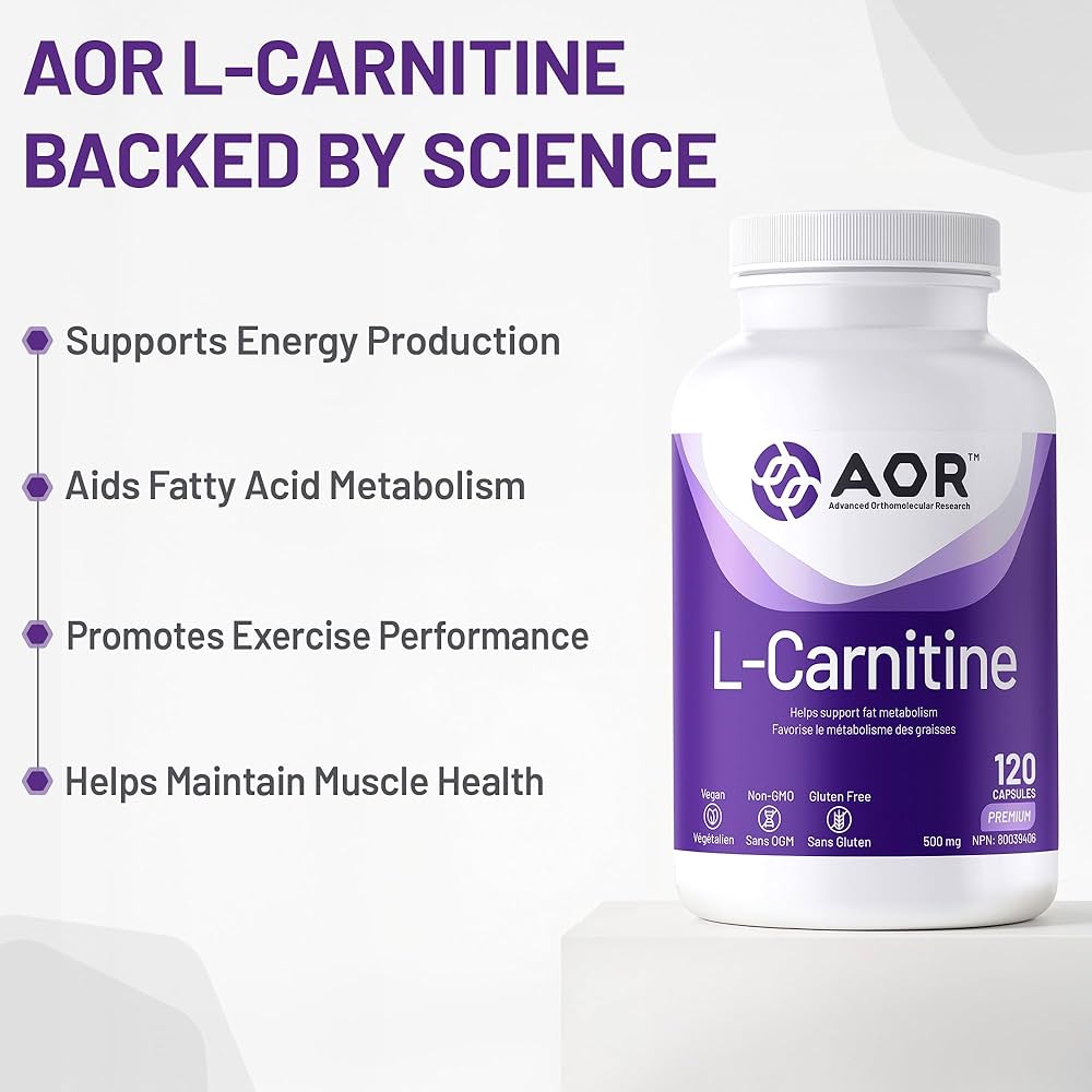 AOR L-Carnitine supplement bottle with benefits listed on a white background - okotoks hc pharmacy