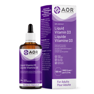 AOR Liquid Vitamin D3 bottle and packaging on a white background - Okotoks HC Pharmacy