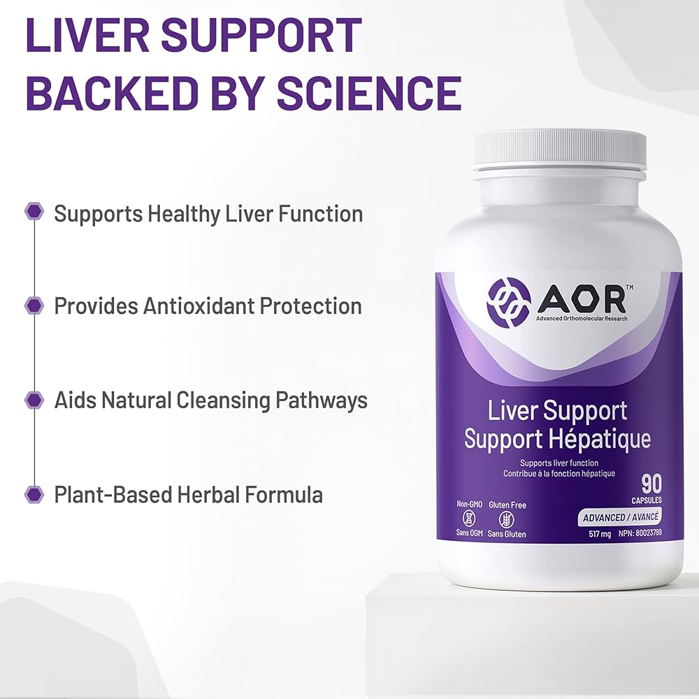 AOR Liver Support supplement bottle with text highlighting benefits on a white background - okotoks hc pharmacy