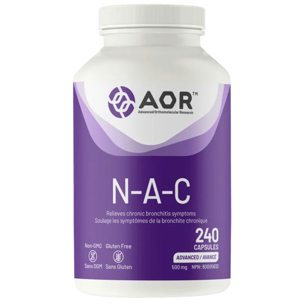 Vitamin supplement bottle labeled 'N-A-C' with AOR branding on a white background - okotoks hc pharmacy