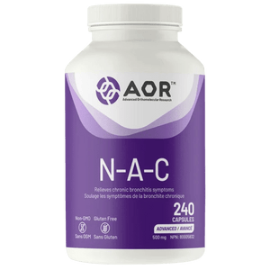 Vitamin supplement bottle labeled 'N-A-C' with AOR branding on a white background - okotoks hc pharmacy